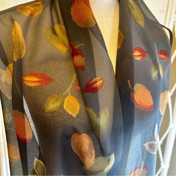 Vintage Oblong Scarf Grey Yellow Rust Leaf Print Liz Claiborne VTG 1990s - Picture 2 of 10